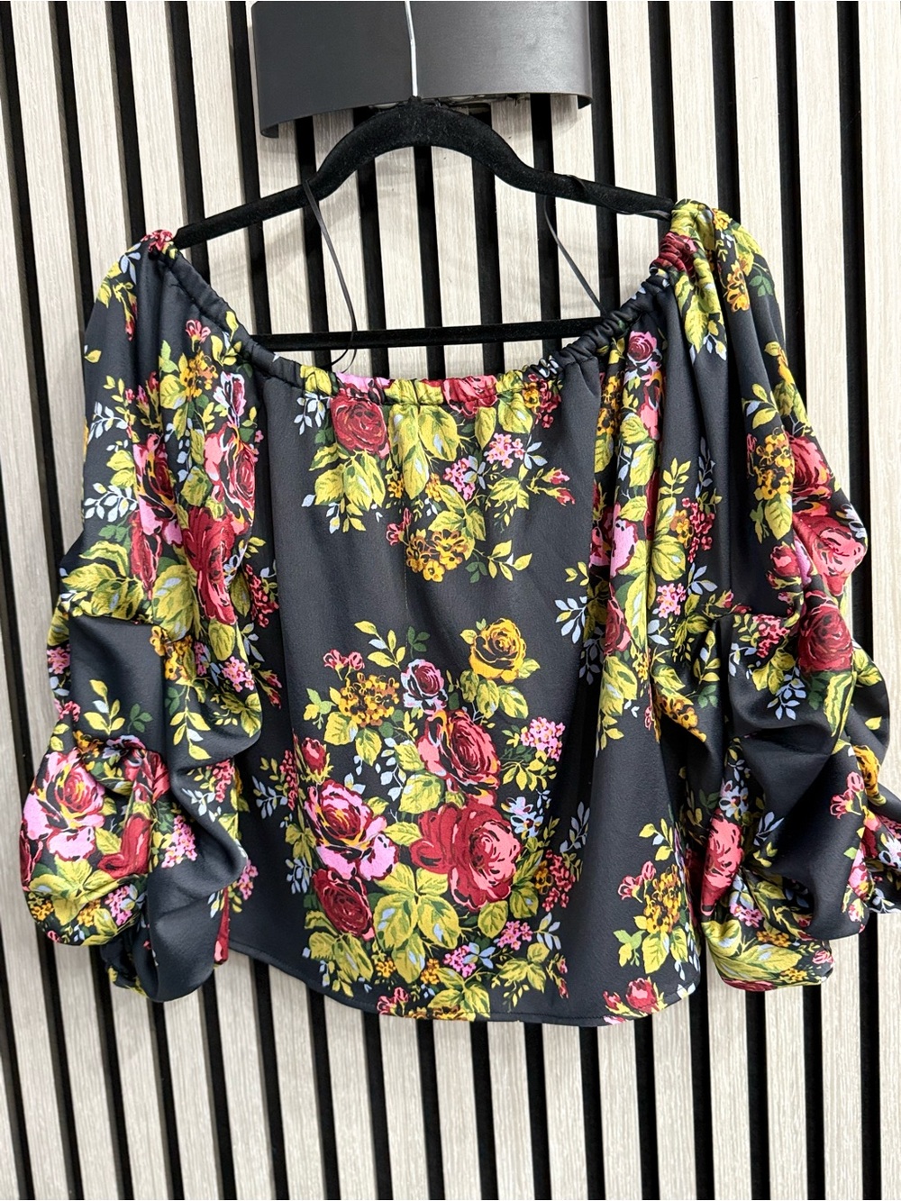 Likely Black Off-Shoulder Floral Blouse with Pink & Yellow Roses